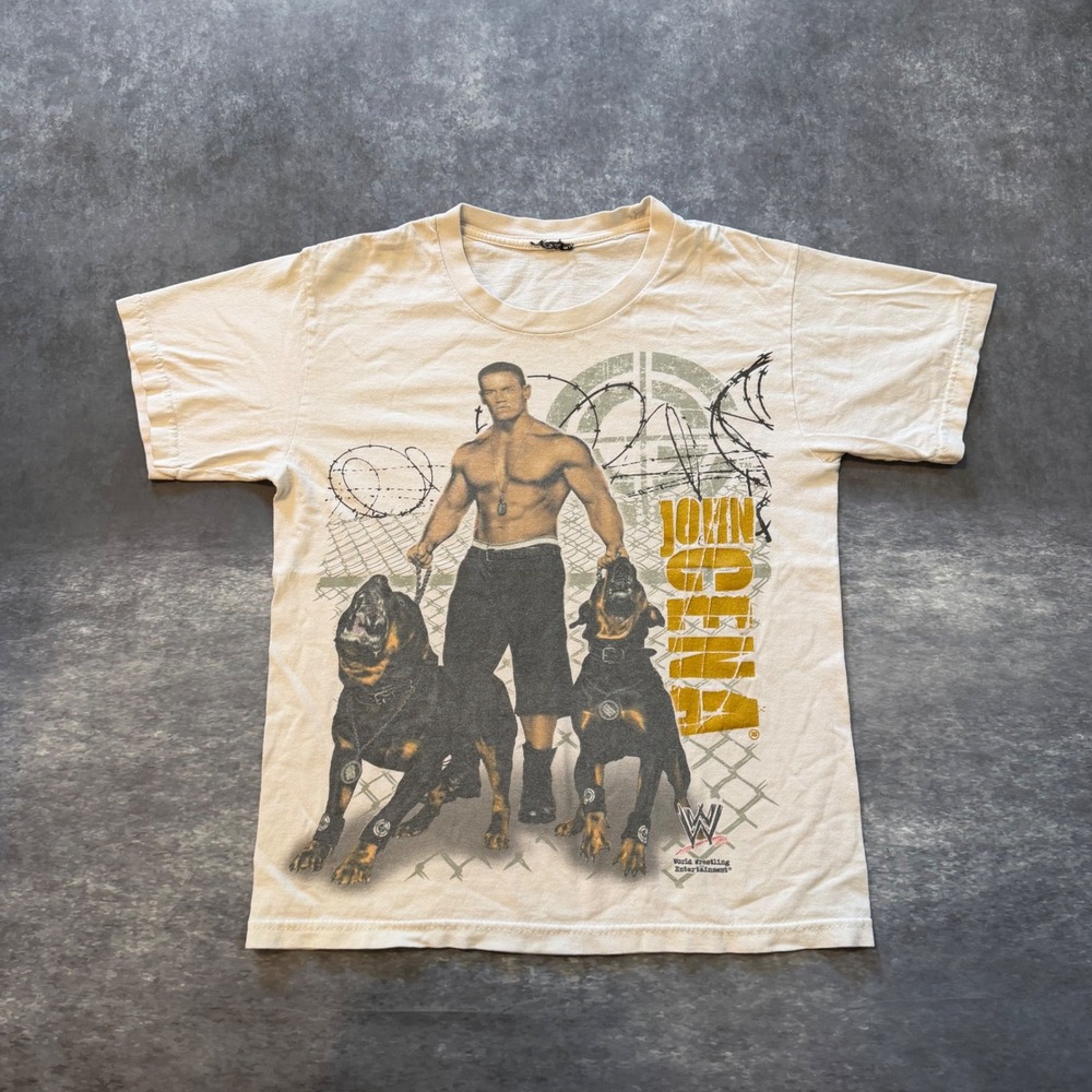 Vintage 2007 WWE John Cena Chain Gang T Shirt Kids Medium Rottweiler Dog Y2K Tee